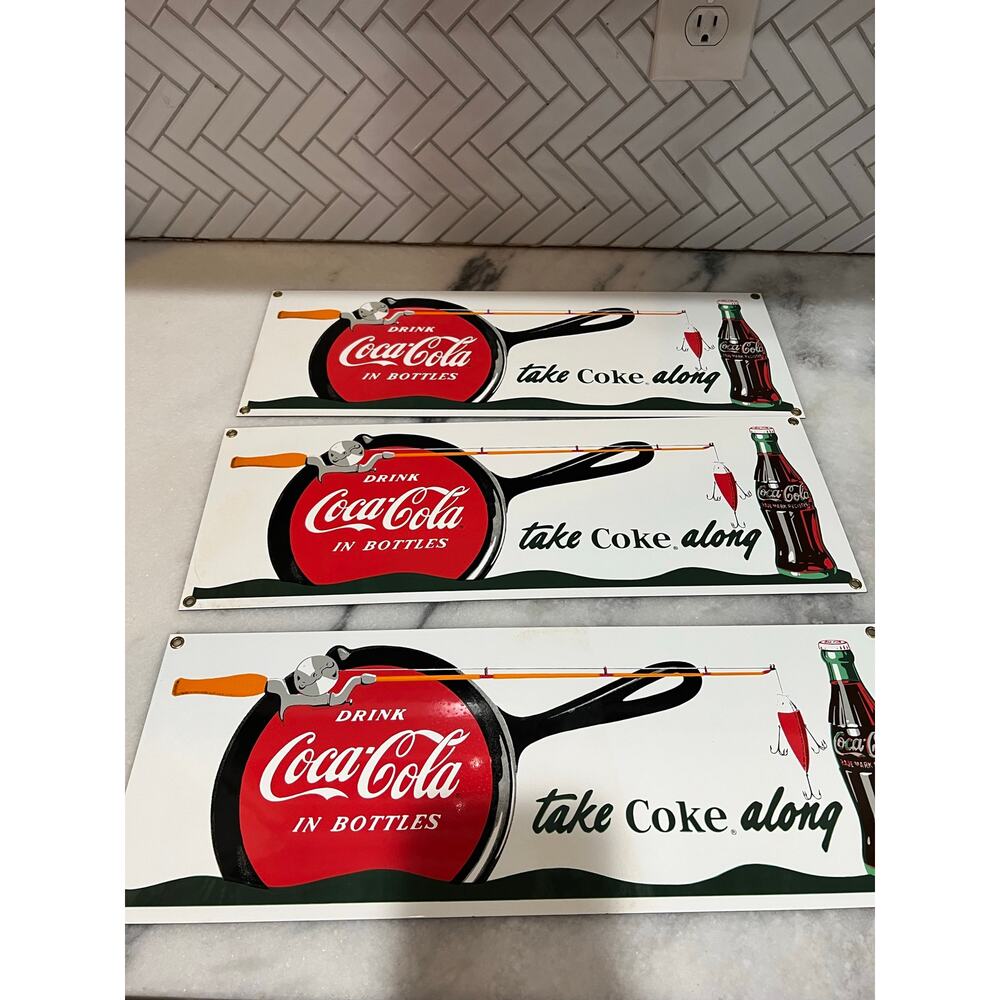 Lot 3 Coca-Cola Take Coke Along Fishing Pan Metal Signs Ande Rooney Coke